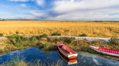 Dar bir kanal taş'a Titicaca Gölü yol olan pier bağlı birkaç balıkçı tekneleri.