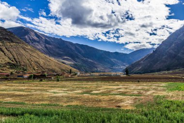 Agricultural terraces on the slopes of the Peruvian Andes in the gorge of the river Urubamba. clipart