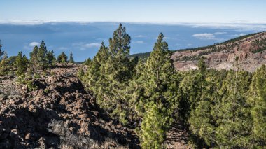 Teide yanardağının lav yamaçları, Atlantik okyanusu üzerindeki bulut denizinin ve Homeros Adası'nın muhteşem manzarasını sunmaktadır..