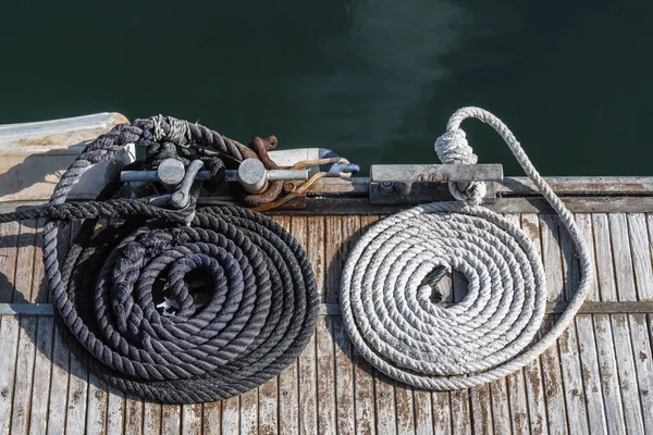 Two Sea Ropes Yin Yang Style Black White Lie Wooden — Stock Photo, Image