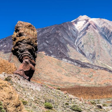 Tenerife adasında Teide yanardağının eteklerinde plato üzerinde kayalıklar ve kum tepeleri ile Lunar manzaralar.
