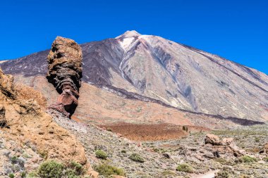 Tenerife adasında Teide yanardağının eteklerinde plato üzerinde kayalıklar ve kum tepeleri ile Lunar manzaralar.