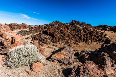 Günbatımı son ışınları Tenerife adasında Teide Yanardağı eteklerinde ay manzara aydınlatmak.