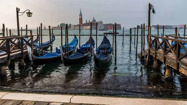 stock image In the early morning you can enjoy a picturesque view of the Venetian gondolas at the pier on the waterfront and the island of San Giorgio Maggiore.