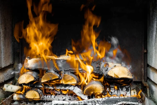 Bois Bouleau Brûle Dans Cheminée Pierre Image En Vente