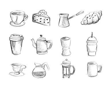 Vektör seti yiyecek ve içecek el çizilmiş