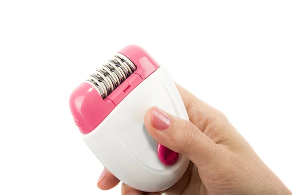 Kvinnan Epilerar Armen Med Elektrisk Epilator Närbild Kvinna Handtag Rakapparat — Stockfoto