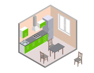 İç mutfak oda. 3D vektör çizim. İzometrik projeksiyon.
