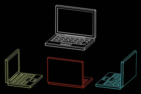 Значок Ноутбука Векторная Иллюстрация Контура Разные Взгляды Диметрическая Проекция — стоковый вектор