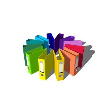 Boş renkli dosya klasörleri. Beyaz background.3d işleme illüstrasyon izole. Dosya klasörleri üzerinden daire.