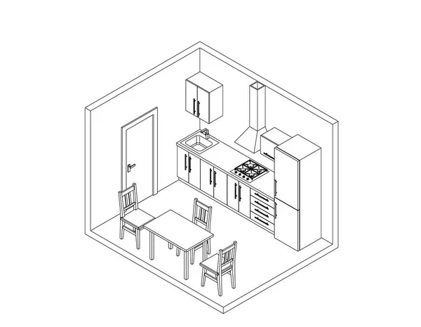 Interior Kitchen Room White Background Vector Outline Illustration — Stock Vector