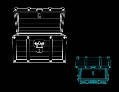 Boş tahta göğüs. Vektör anahat çizim. Farklı viewes.