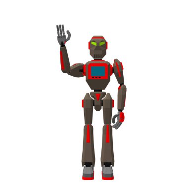 Robot karakter tebrik. Beyaz arka plan üzerinde izole. 3D vektör çizim. Önden görünüm.