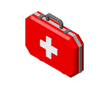 İlk yardım çantası. Beyaz arka plan üzerinde izole. 3D vektör çizim. İzometrik projeksiyon.