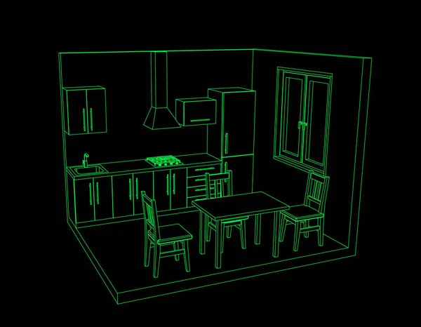 Cuarto Cocina Interior Sobre Fondo Negro Ilustración Del Esquema Vectorial — Archivo Imágenes Vectoriales