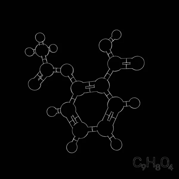 Molécula Modelo Aspirina Aislado Sobre Fondo Negro Ilustración Del Boceto — Foto de Stock