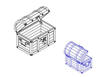 Boş tahta göğüs. Vektör anahat çizim. İzometrik projeksiyon.