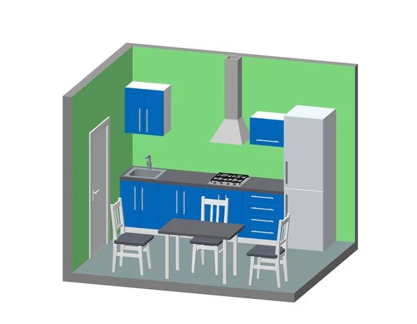 Interior Kitchen Room Vector Illustration Dimetric Projection — Stock Vector