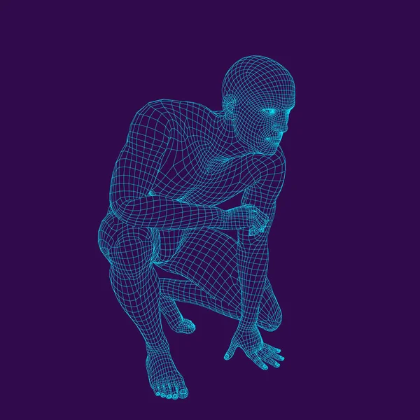 Hombre Sentado Suelo Cuerpo Humano Wireframe Ilustración Del Esquema Vectorial — Archivo Imágenes Vectoriales