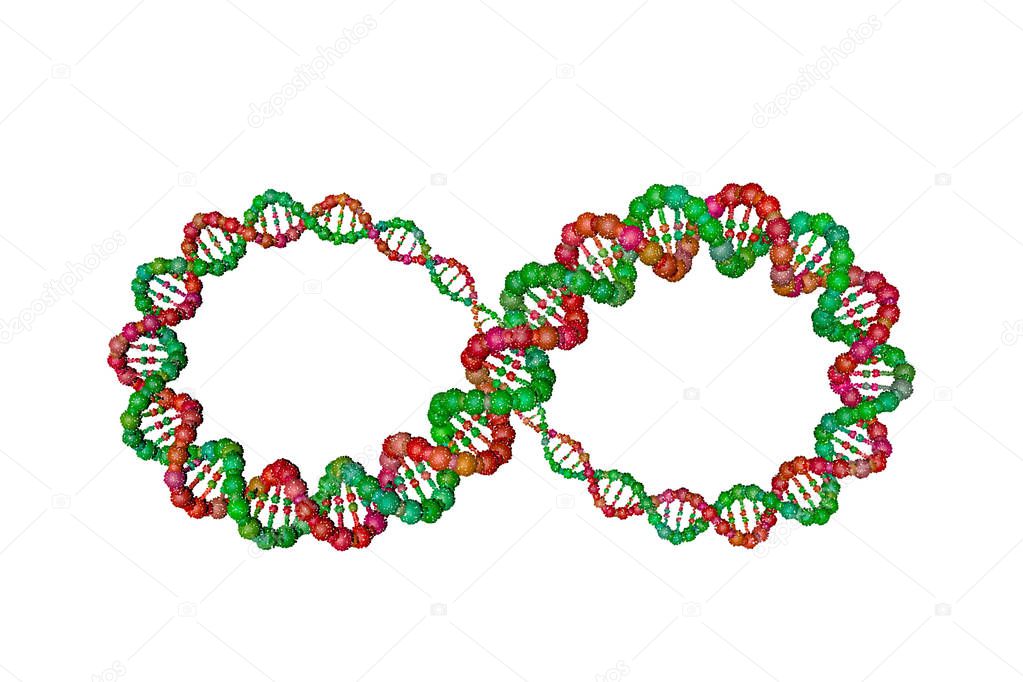 DNA strand in form of infinity sign. Isolated on white background. Vector illustration. Pointillism style.