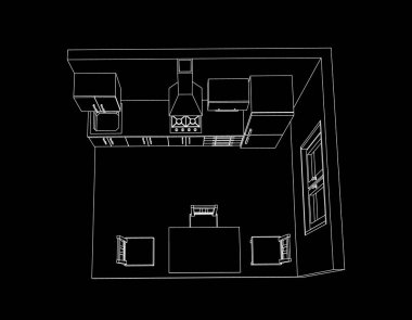 Siyah arka plan üzerine iç mutfak oda. Vektör anahat çizim.