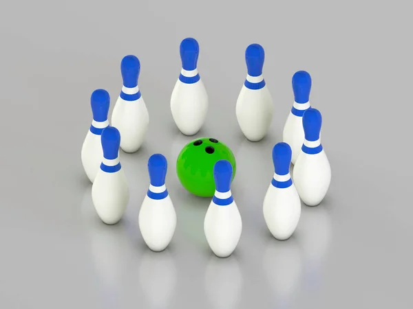 Bowling pins and bowling ball.Isolated on grey background. 3D rendering illustration.Isometric style.