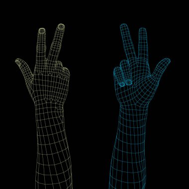 El hareketi. Parmak gösterilen iki numara. Siyah arka plan üzerine izole. Vektör tel kafes çizim.