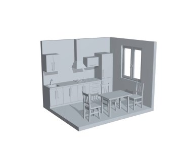 İç mutfak oda. 3D render illüstrasyon.