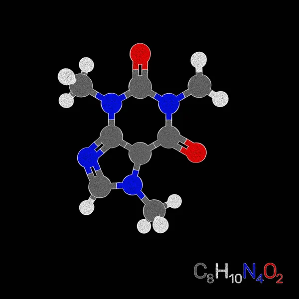 Model Molekuly Kofeinu Izolované Černém Pozadí Obrázek Skici — Stock fotografie