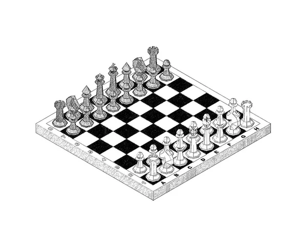 Chess Board Figures Isolated White Background Sketch Illustration Isometric Projection — Stock Photo, Image