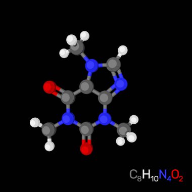Kafein model molekül. Siyah arka plan üzerine izole. 3D render illüstrasyon. Karikatür tarzı. 