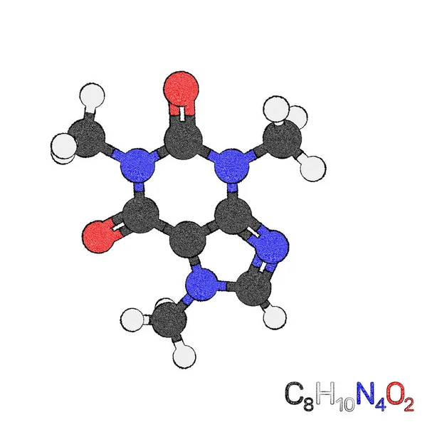 カフェイン モデル分子 白い背景上に分離 スケッチ図 — ストック写真