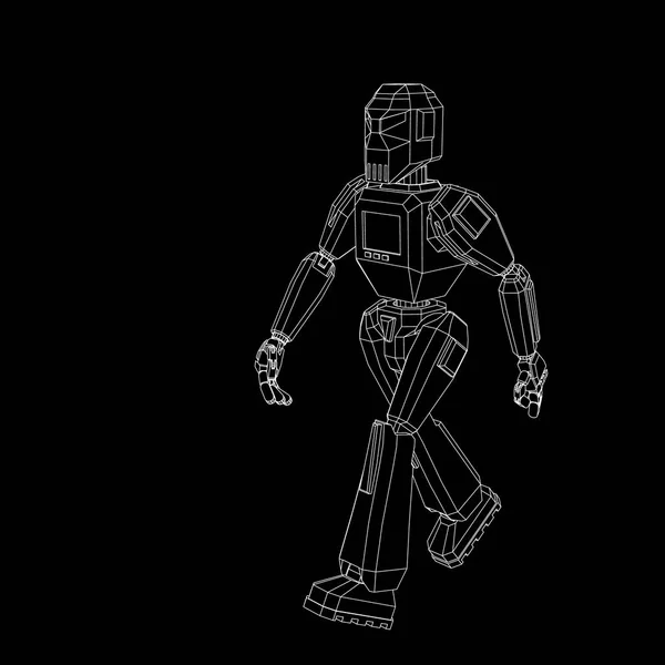 Carácter Robot Caminando Aislado Sobre Fondo Negro Ilustración Del Esquema — Vector de stock