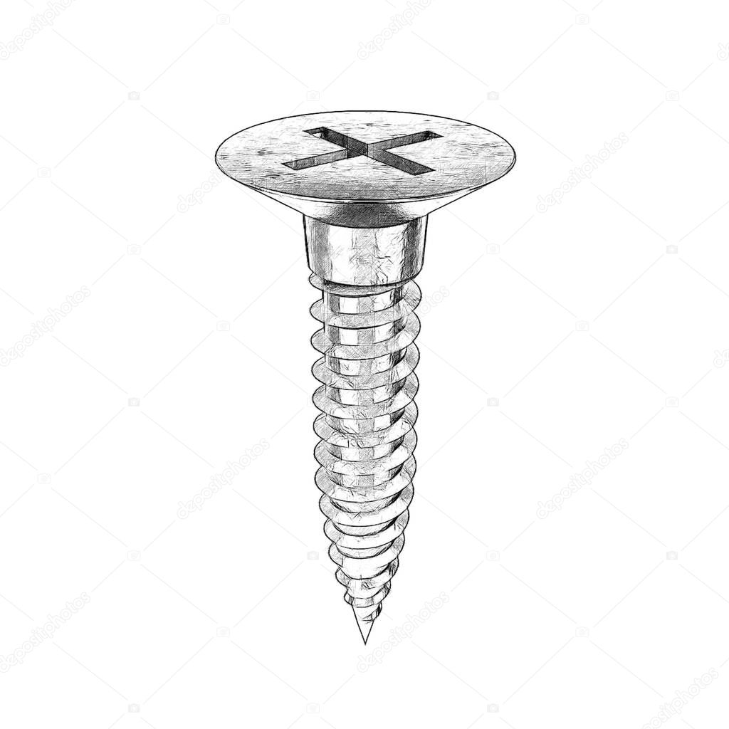 Metallic screw isolated on white background. Sketch illustration.