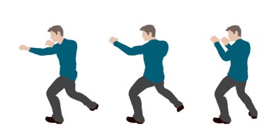 Adam bir yumruk atıyor. Beyaz arka plan üzerinde izole. Vektör çizim. Düz stil.