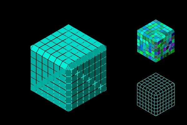 Αφηρημένη Πολυγωνικό Κύβος Περικοπές Απομονωμένη Μαύρο Φόντο Εικονογράφηση Φορέα Ισομετρική — Διανυσματικό Αρχείο