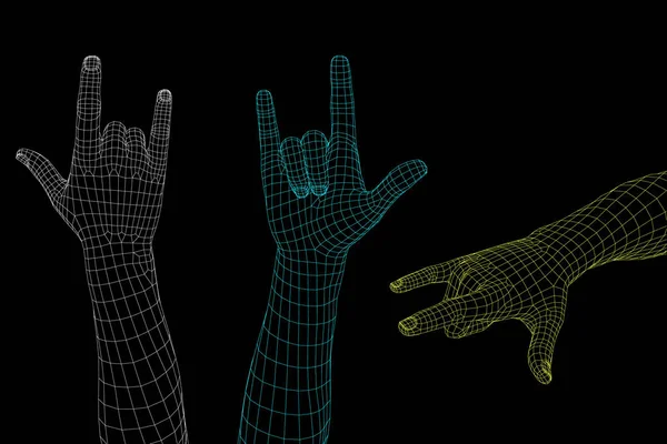 Handgeste Rock Roll Zeichen Isoliert Auf Schwarzem Hintergrund Vektor Wireframe — Stockvektor