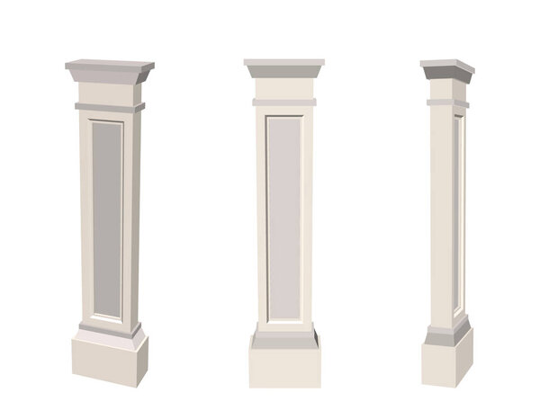 Column pilaster. Isolated on white background. 3d Vector illustration. Different viewes.
