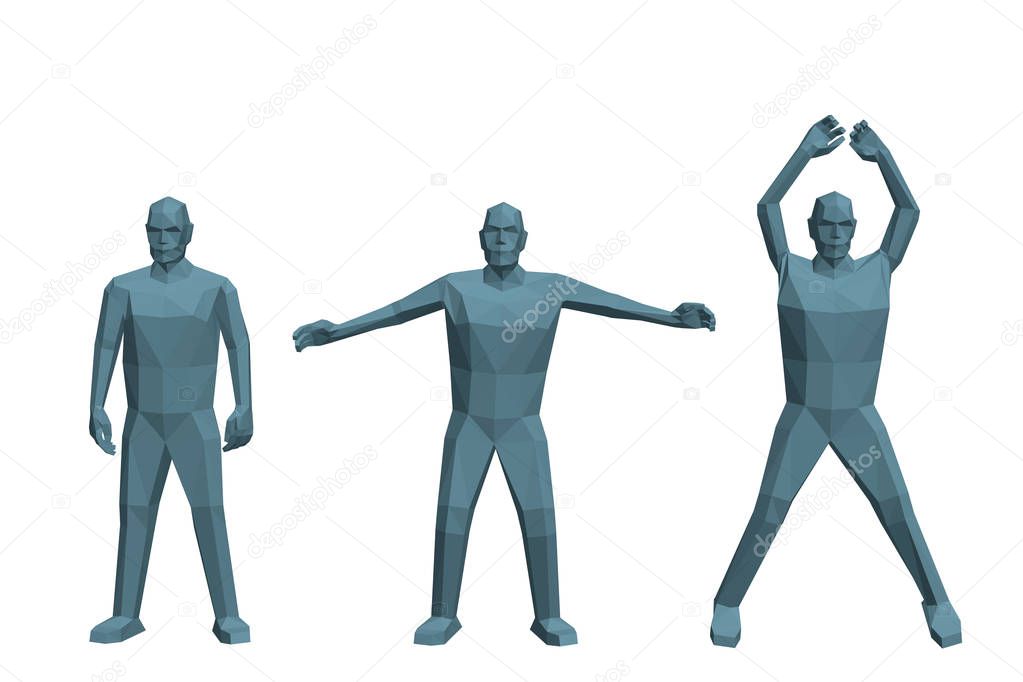 Low poly man doing Jumping Jacks. Isolated on white background. 3d vector illustration.