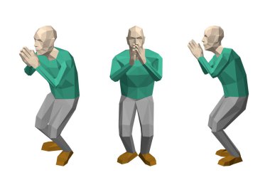 Düşük poli adam dua. Beyaz arka plan üzerinde izole. 3D vektör çizim. Farklı viewes.