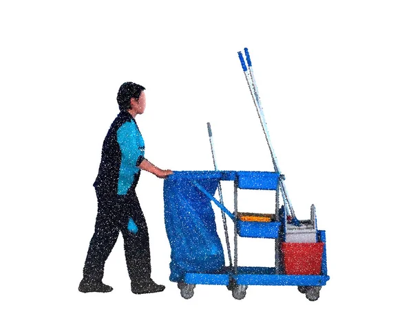 Cleaning Lady Janitor Cart Isolated White Background Vector Illustration Pointillism — Stock Vector