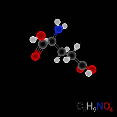 Glutamik asit model molekül. Siyah arka plan üzerine izole. 3D render illüstrasyon. Parlaklık etkisi.