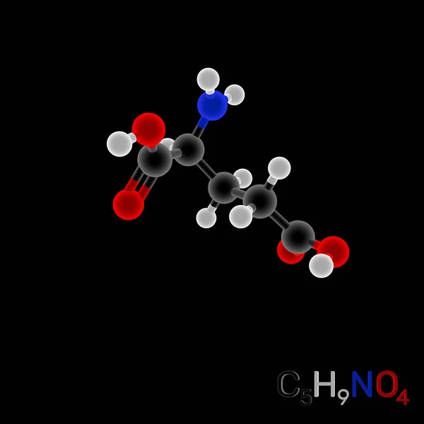 Glutaminsäure Modellmolekül Isoliert Auf Schwarzem Hintergrund Darstellung Luminanzeffekt — Stockfoto