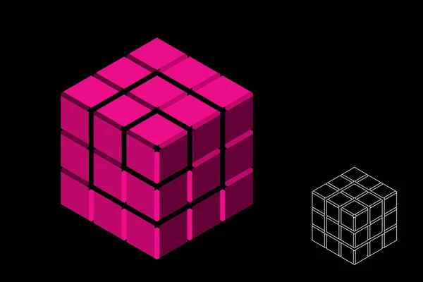 Cubo Poligonal Abstrato Com Cortes Isolado Fundo Preto Ilustração Vetorial — Vetor de Stock