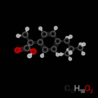 İbuprofen model molekül. Siyah arka plan üzerine izole. 3D render illüstrasyon. Parlaklık etkisi.