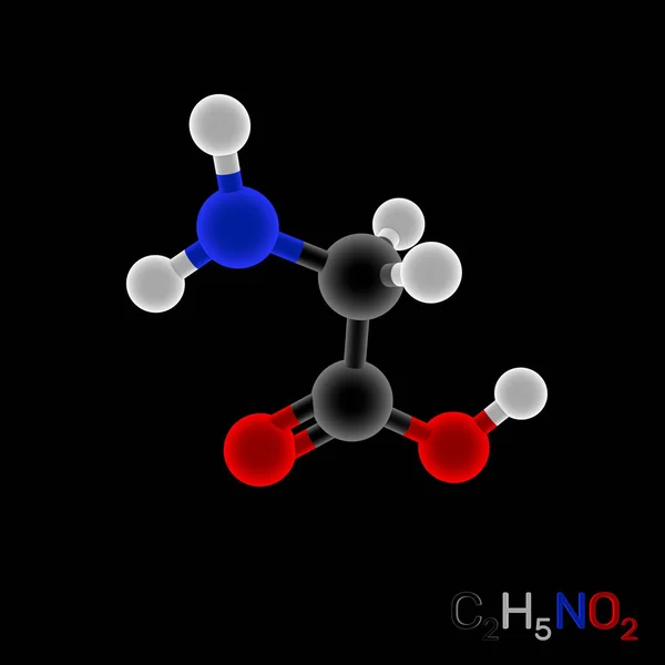 Glycin Modellmolekül Isoliert Auf Schwarzem Hintergrund Darstellung Luminanzeffekt — Stockfoto