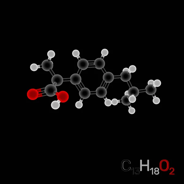 Molécula Modelo Ibuprofeno Aislado Sobre Fondo Negro Ilustración Representación Efecto —  Fotos de Stock