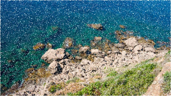 海边的石头海岸 向量五颜六色的例证 点点滴滴的风格 — 图库矢量图片