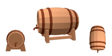 Ahşap varil ile dokunun. Beyaz arka plan üzerinde izole. 3D vektör çizim. Farklı viewes.