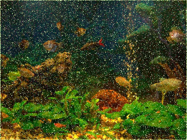 Tropisch Zoetwater Aquarium Onderwater Achtergrond Kleurrijke Vectorillustratie Pointillisme Stijl — Stockvector